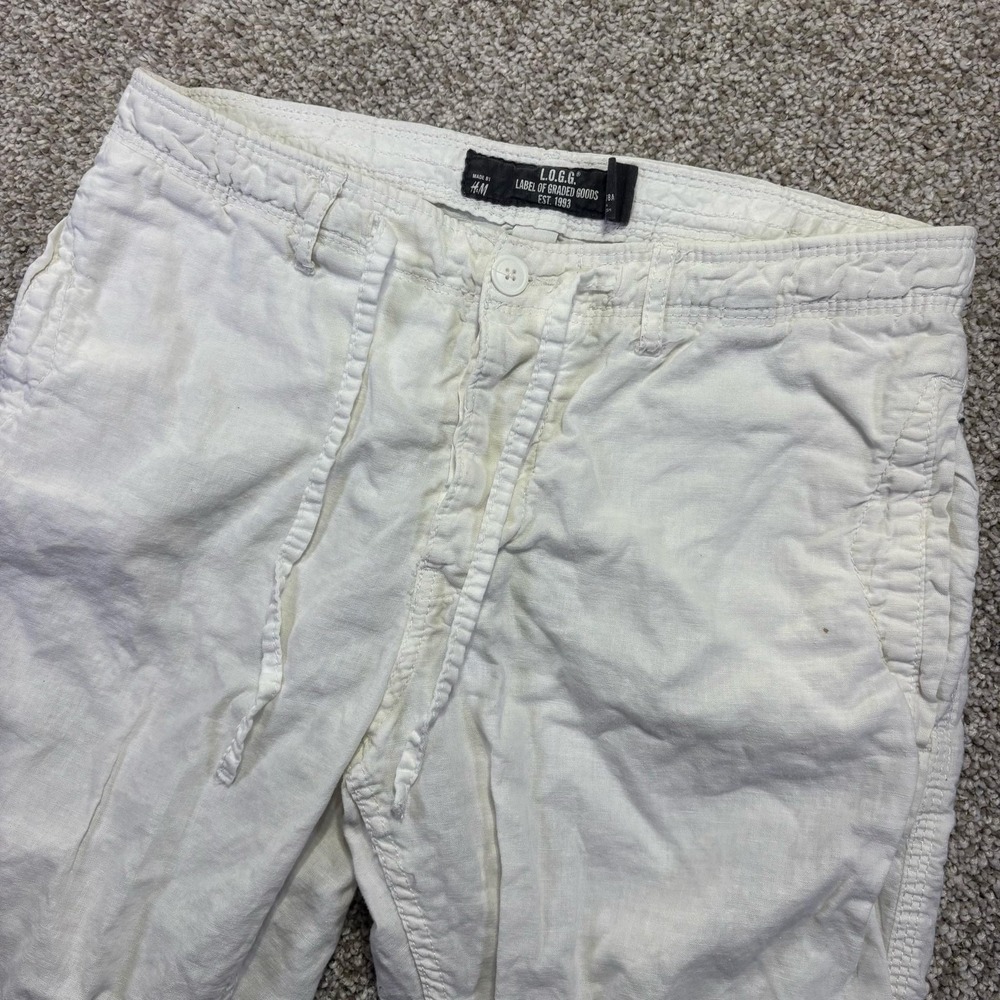 H&M L.O.G.G. Pants Womens 31 White Linen‎ Blend Chino Drawstring Hem Summer
